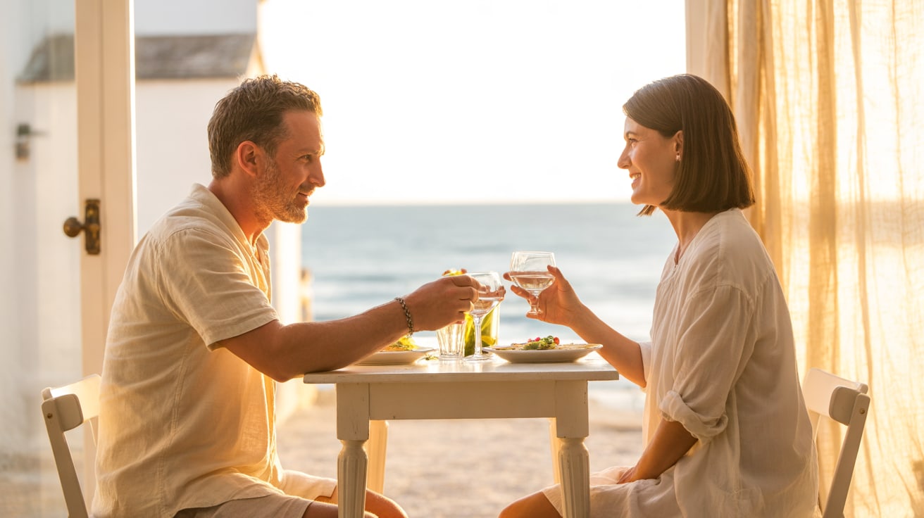 A couple in their fifties sharing dinner at a small oak table in warm evening light
