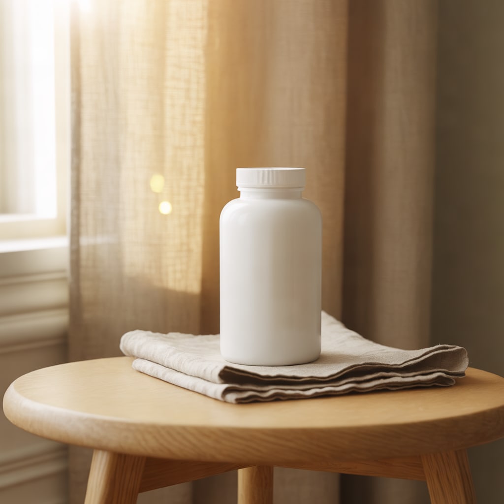 A plain white supplement bottle on a linen cloth in warm light