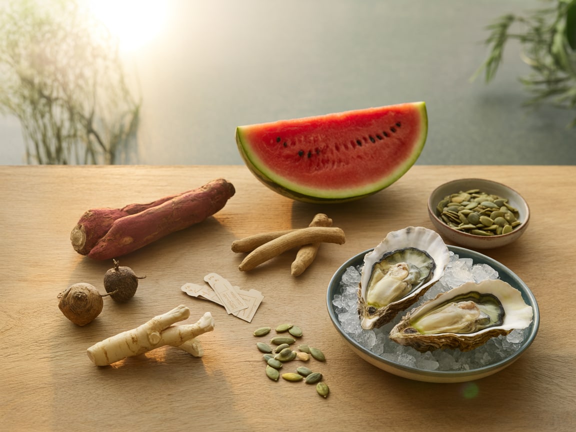 Watermelon, ginseng root, maca roots, root bark, pumpkin seeds and oysters on an oak table