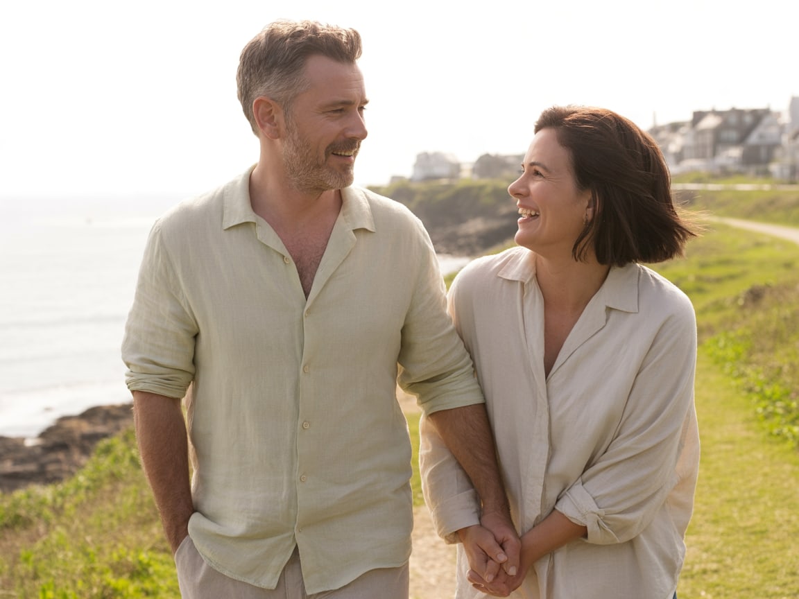A couple in their fifties walking hand in hand on a coastal path at sunset